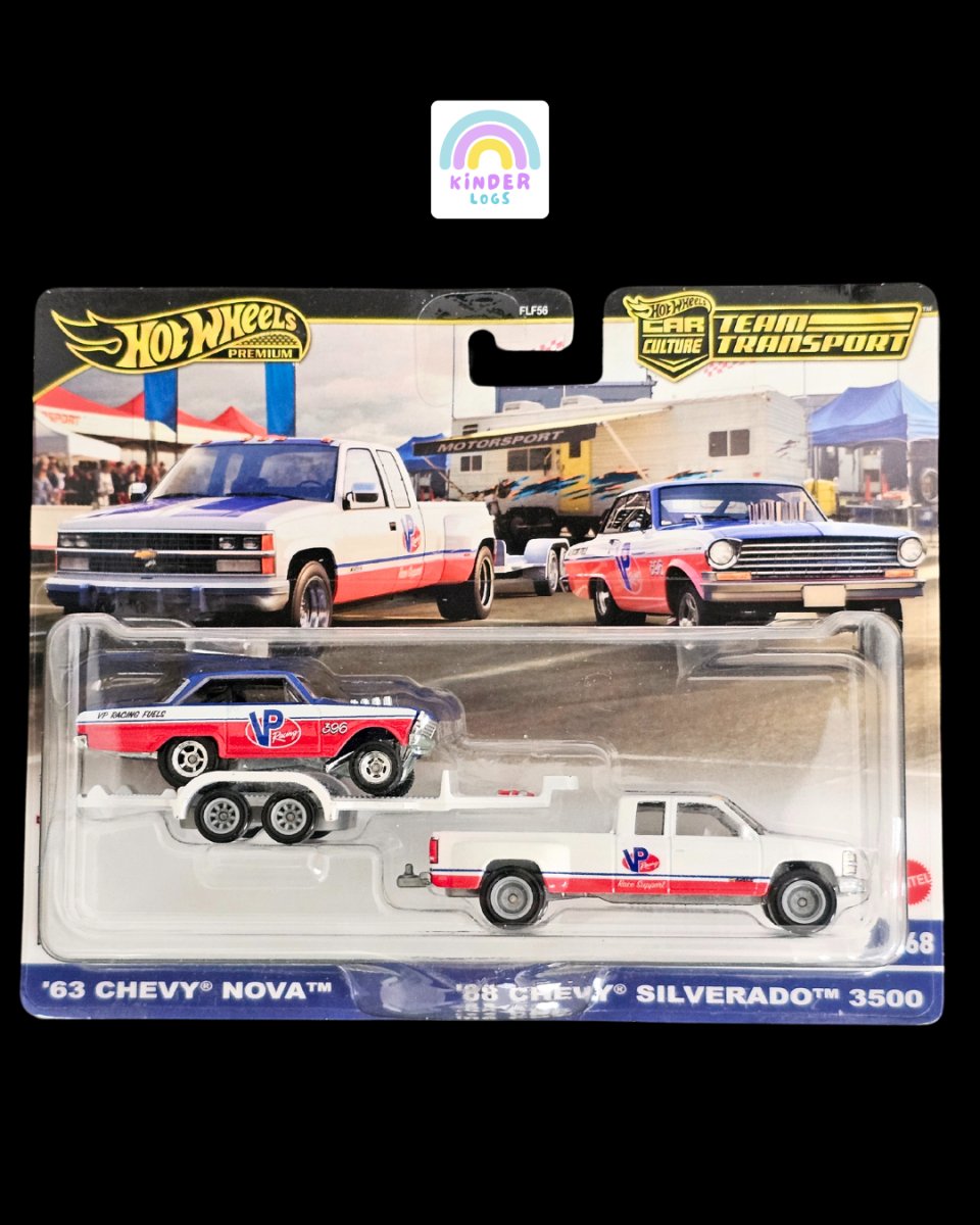 Hot Wheels Team Transport Chevrolet 1963 Nova With 1988 Silverado 3500 - Kinder Logs