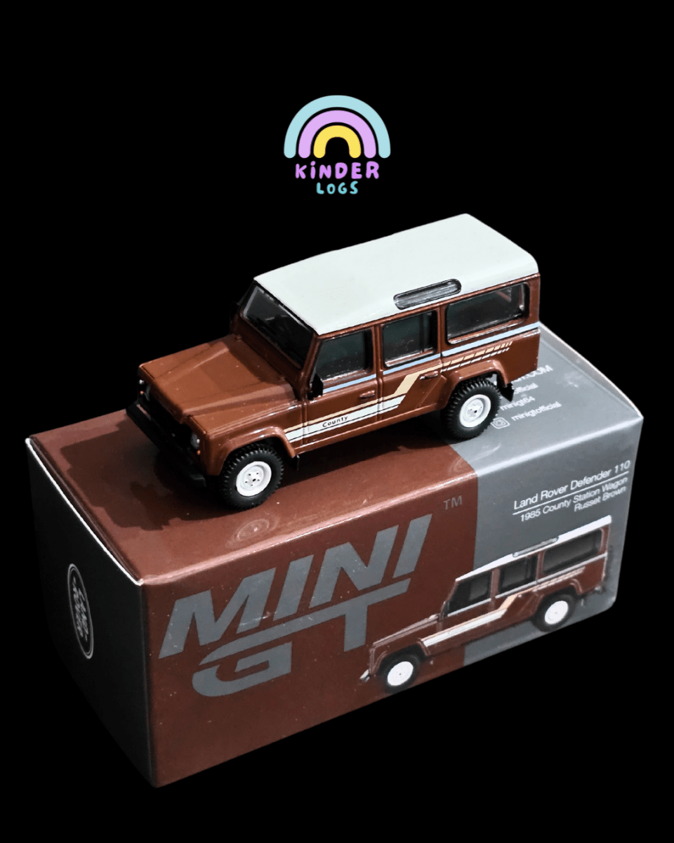 Mini GT Land Rover Defender 110 1985 County Station Wagon - Brown (Open Box) - Kinder Logs