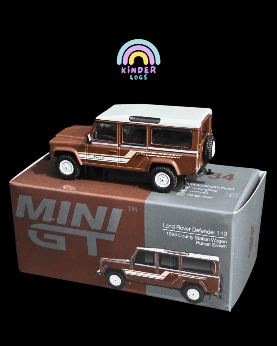 Mini GT Land Rover Defender 110 1985 County Station Wagon - Brown (Open Box) - Kinder Logs