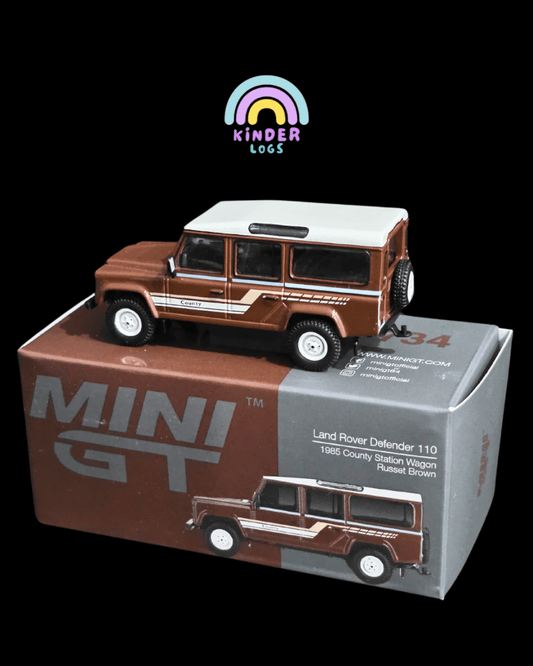 Mini GT Land Rover Defender 110 1985 County Station Wagon - Brown (Open Box) - Kinder Logs