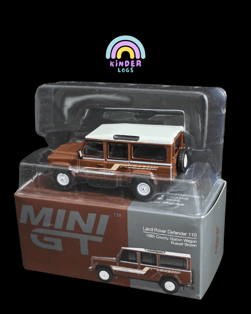 Mini GT Land Rover Defender 110 1985 County Station Wagon - Brown (Open Box) - Kinder Logs