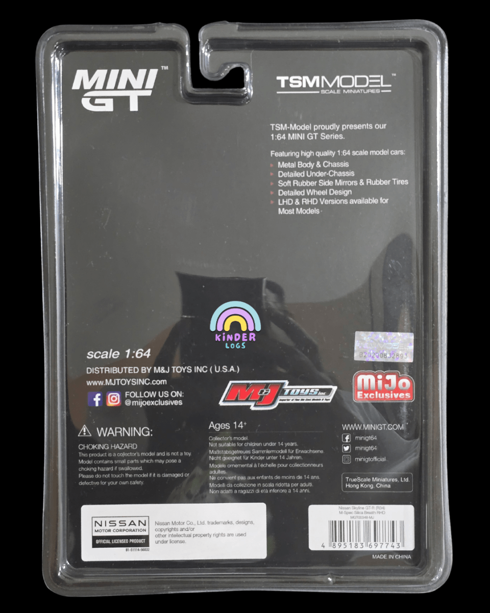 Mini GT Nissan Skyline GT - R (R34) M - Spec Silica Breath - Mijo Exclusives - Kinder Logs