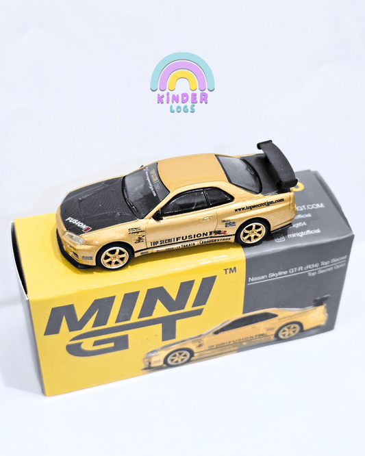 Mini GT Nissan Skyline GT - R (R34) Top Secret Gold - Open Box - Kinder Logs