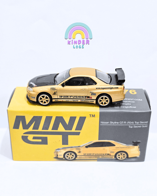 Mini GT Nissan Skyline GT - R (R34) Top Secret Gold - Open Box - Kinder Logs