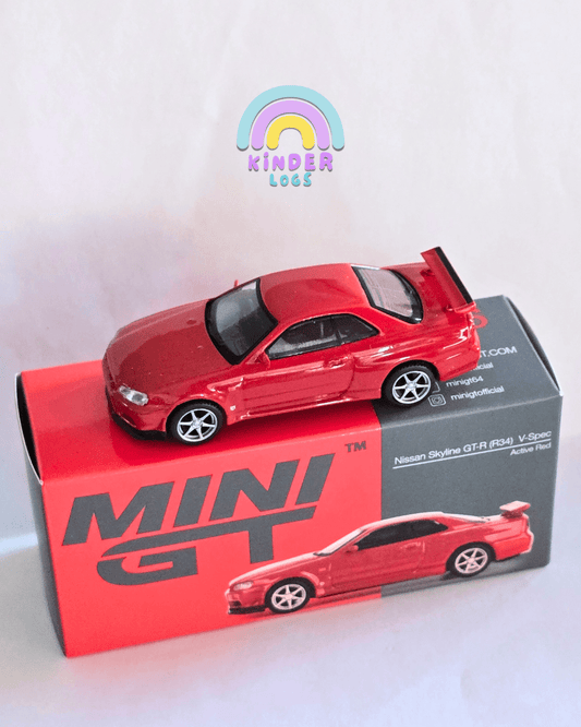 Mini GT Nissan Skyline GT - R (R34) V - Spec - Active Red (Open Box) - Kinder Logs