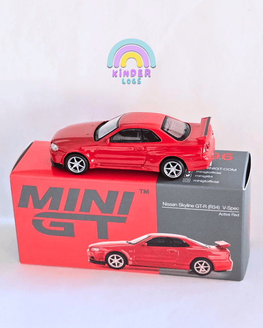Mini GT Nissan Skyline GT - R (R34) V - Spec - Active Red (Open Box) - Kinder Logs