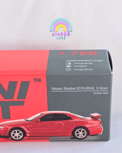 Mini GT Nissan Skyline GT - R (R34) V - Spec - Active Red (Open Box) - Kinder Logs