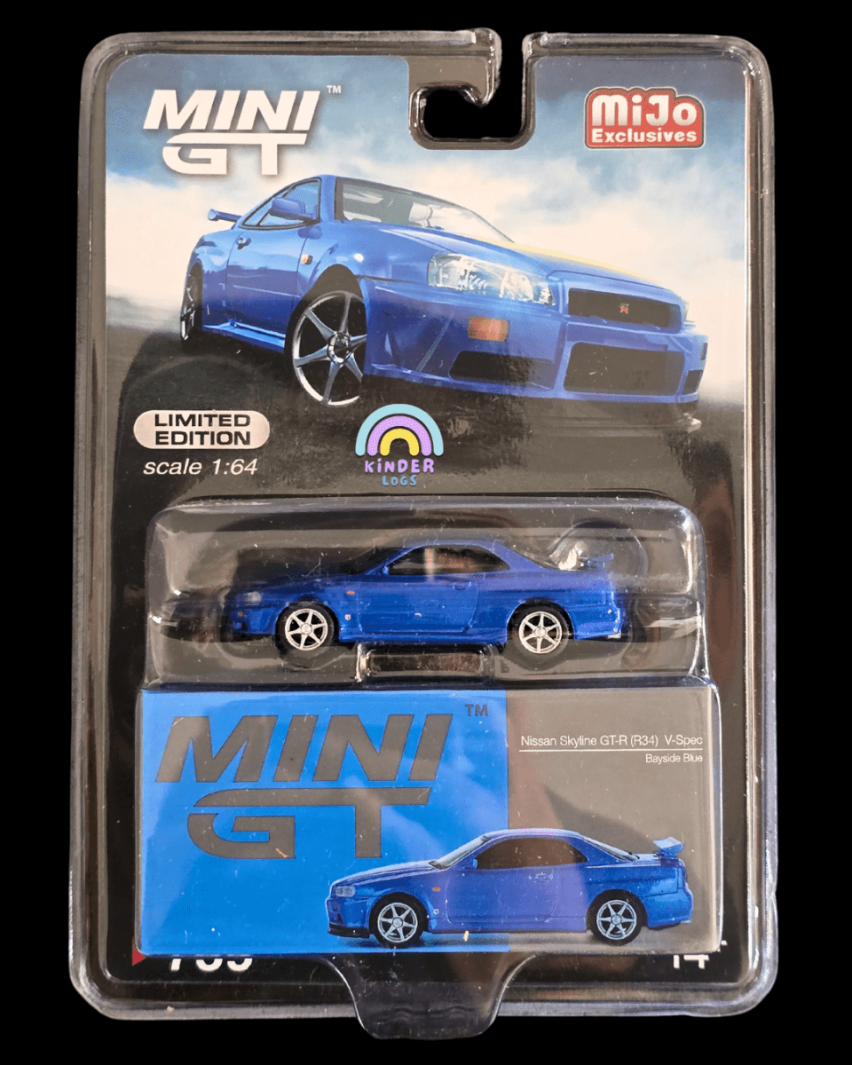 Mini GT Nissan Skyline GT - R (R34) V - Spec - Bayside Blue - Mijo Exclusives - Kinder Logs