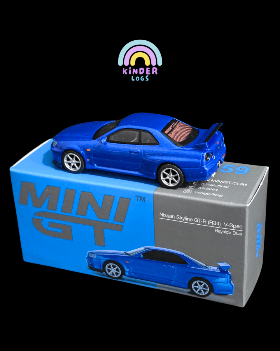 Mini GT Nissan Skyline GT - R (R34) V - Spec - Bayside Blue (Open Box) - Kinder Logs