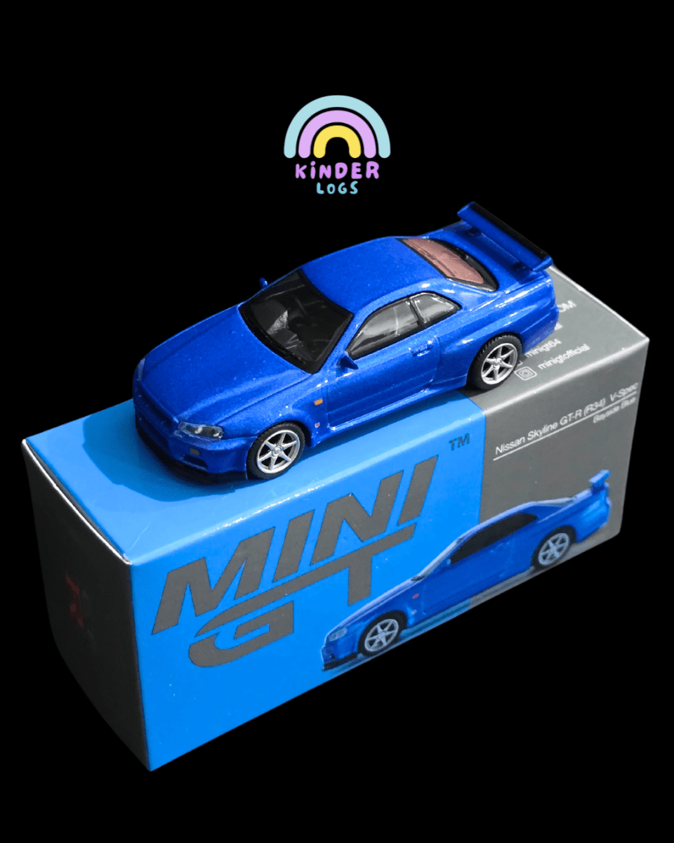 Mini GT Nissan Skyline GT - R (R34) V - Spec - Bayside Blue (Open Box) - Kinder Logs