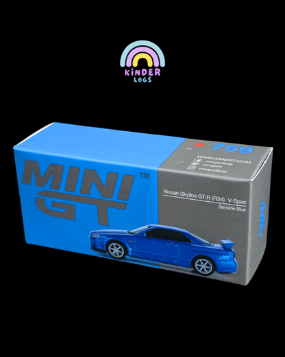 Mini GT Nissan Skyline GT - R (R34) V - Spec - Bayside Blue (Open Box) - Kinder Logs