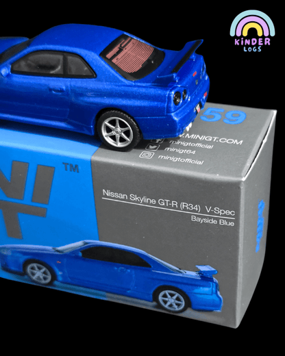 Mini GT Nissan Skyline GT - R (R34) V - Spec - Bayside Blue (Open Box) - Kinder Logs