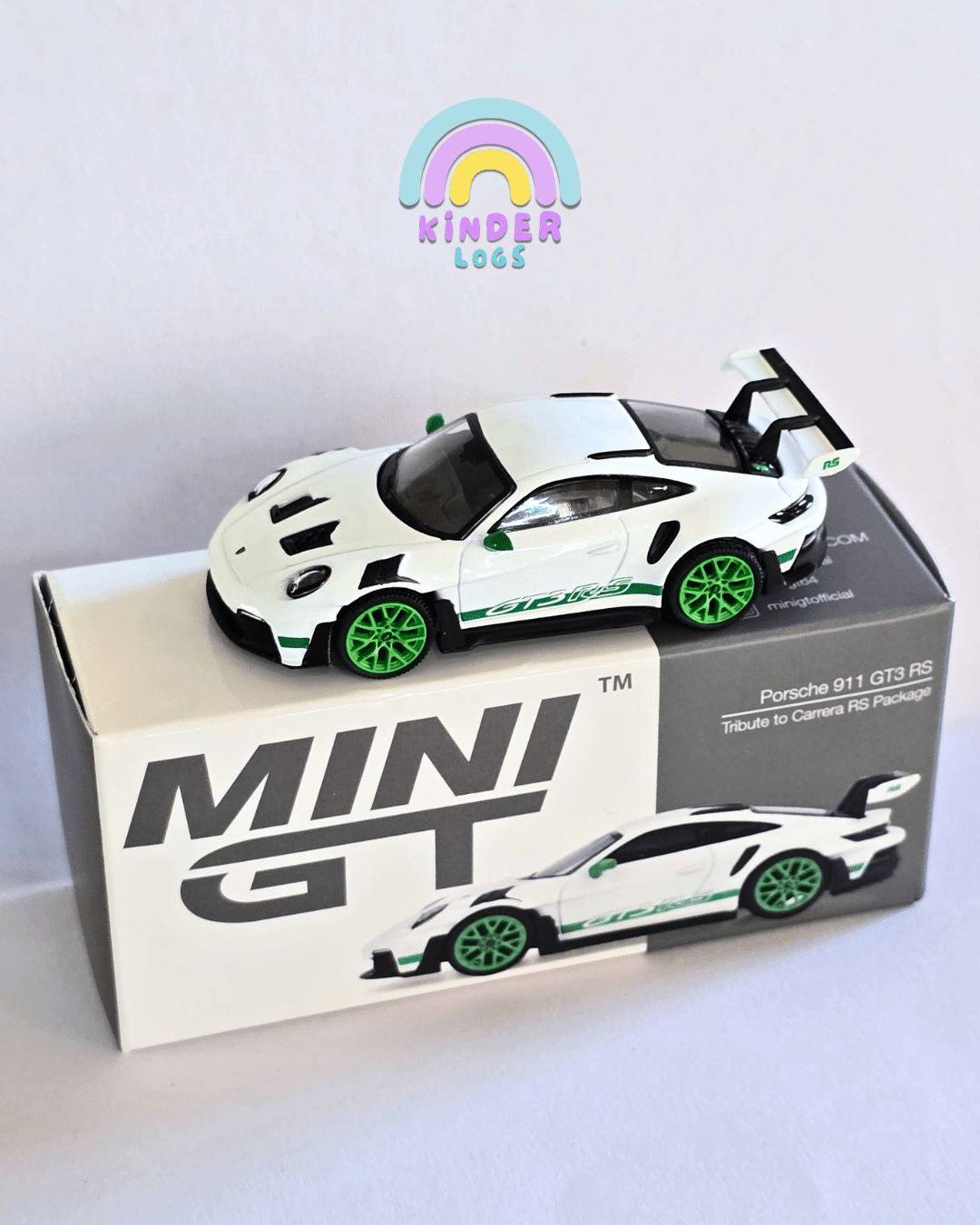 Mini GT Porsche 911 GT3 RS - White With Green Alloys (Open Box) - Kinder Logs