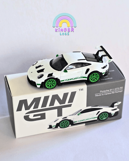 Mini GT Porsche 911 GT3 RS - White With Green Alloys (Open Box) - Kinder Logs