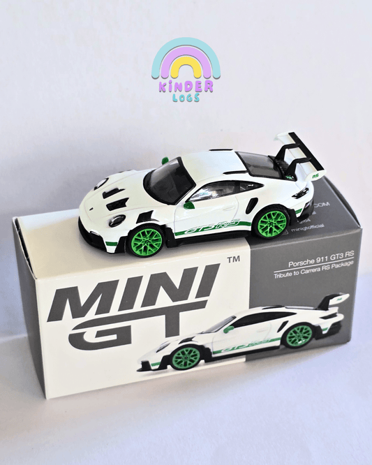 Mini GT Porsche 911 GT3 RS - White With Green Alloys (Open Box) - Kinder Logs