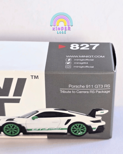 Mini GT Porsche 911 GT3 RS - White With Green Alloys (Open Box) - Kinder Logs