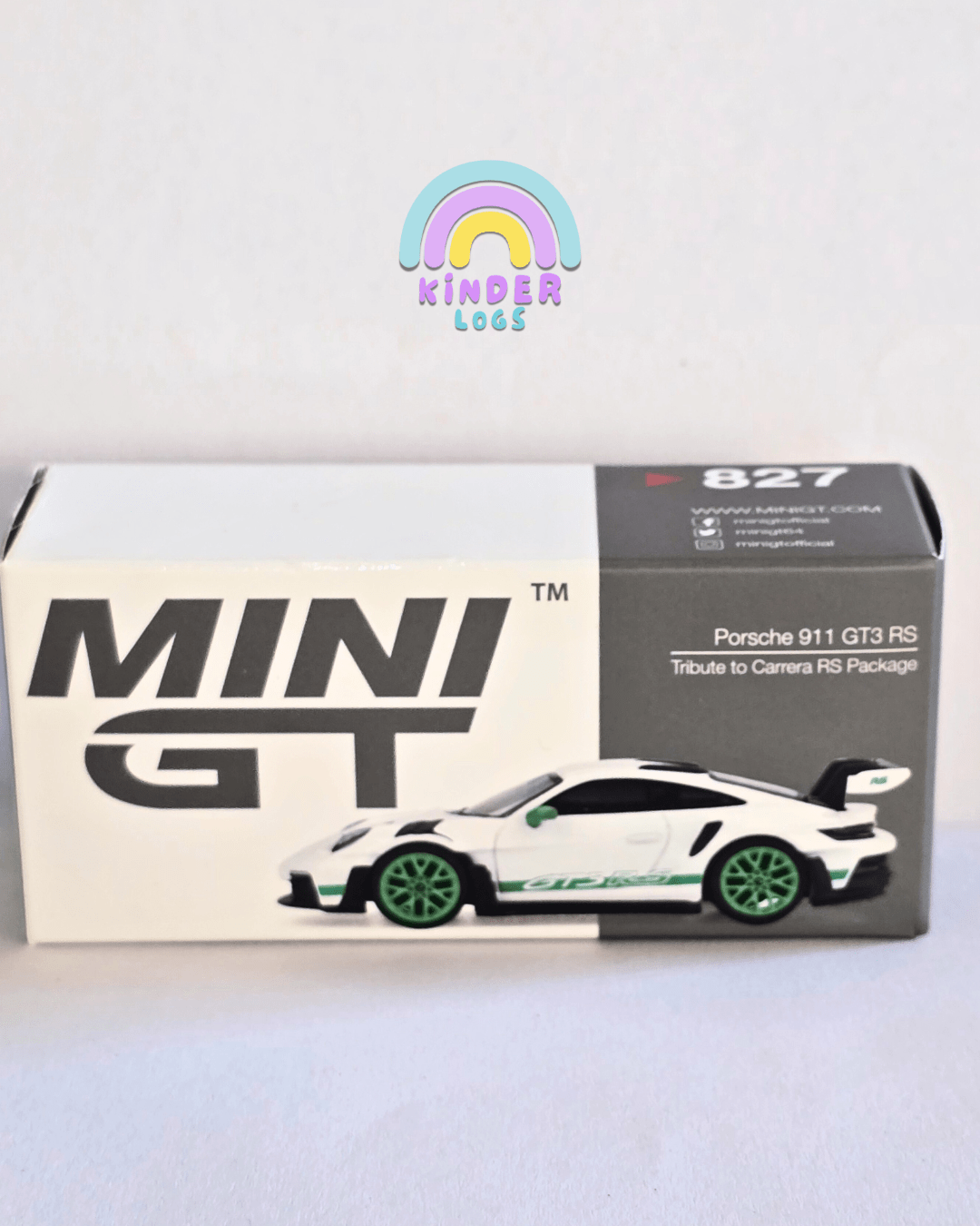 Mini GT Porsche 911 GT3 RS - White With Green Alloys (Open Box) - Kinder Logs