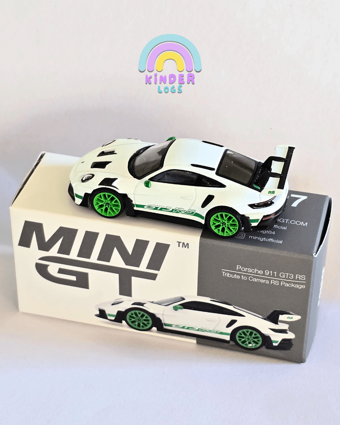 Mini GT Porsche 911 GT3 RS - White With Green Alloys (Open Box) - Kinder Logs