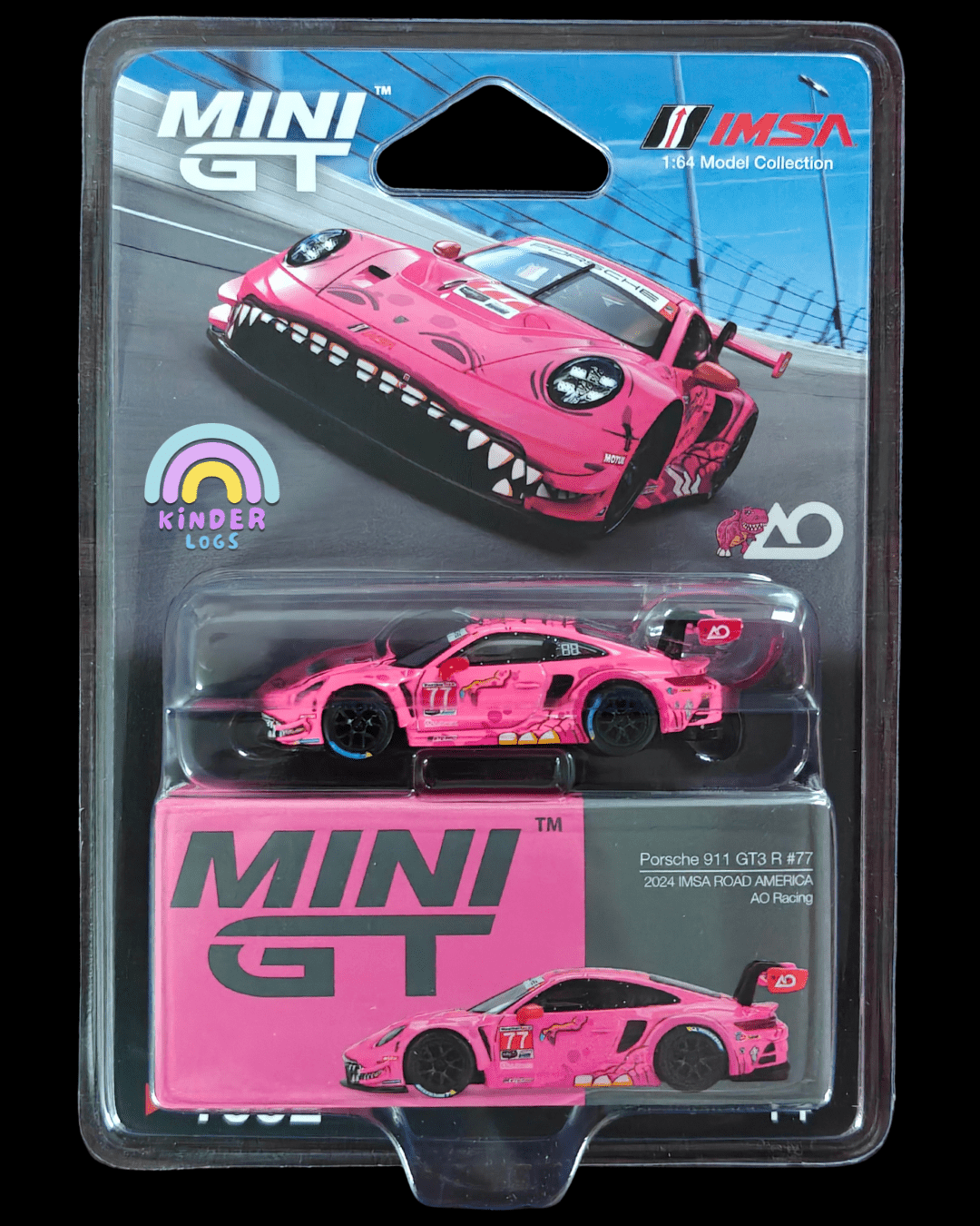 Mini GT Roxy Porsche 911 GT3 R 77 AO Racing 1052 - IMSA Road America (Blister Pack) - Kinder Logs