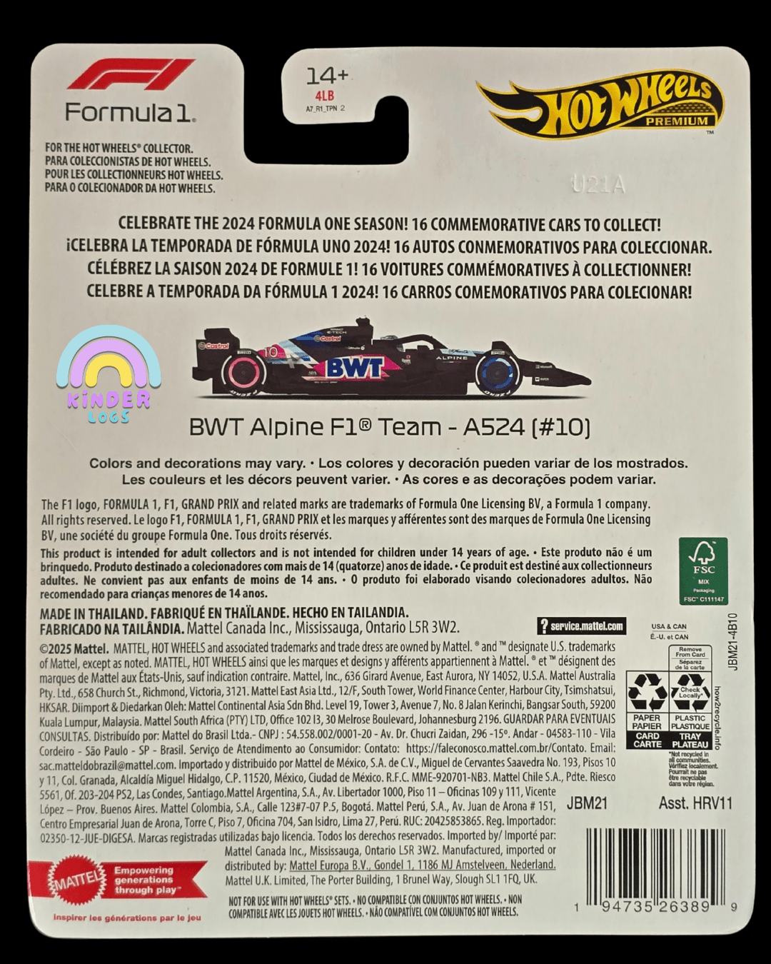 Premium Hot Wheels BWT Alpine F1 Team - A524 (10) - Imported - Kinder Logs