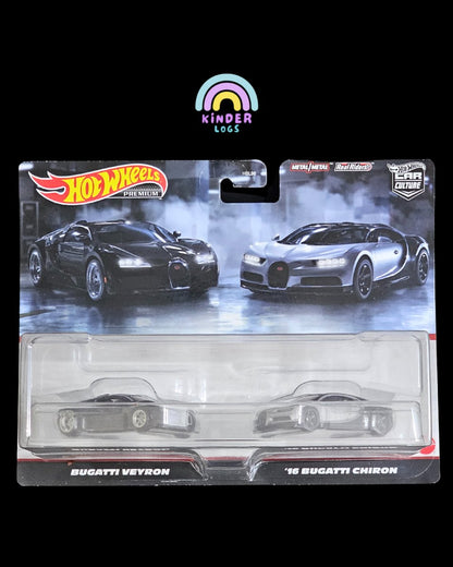 Premium Hot Wheels Duo Pack - Bugatti Veyron & Bugatti Chiron - Kinder Logs