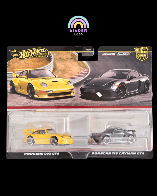 Premium Hot Wheels Duo Pack - Porsche 993 GT2, Porsche 718 Cayman GT4 - Kinder Logs