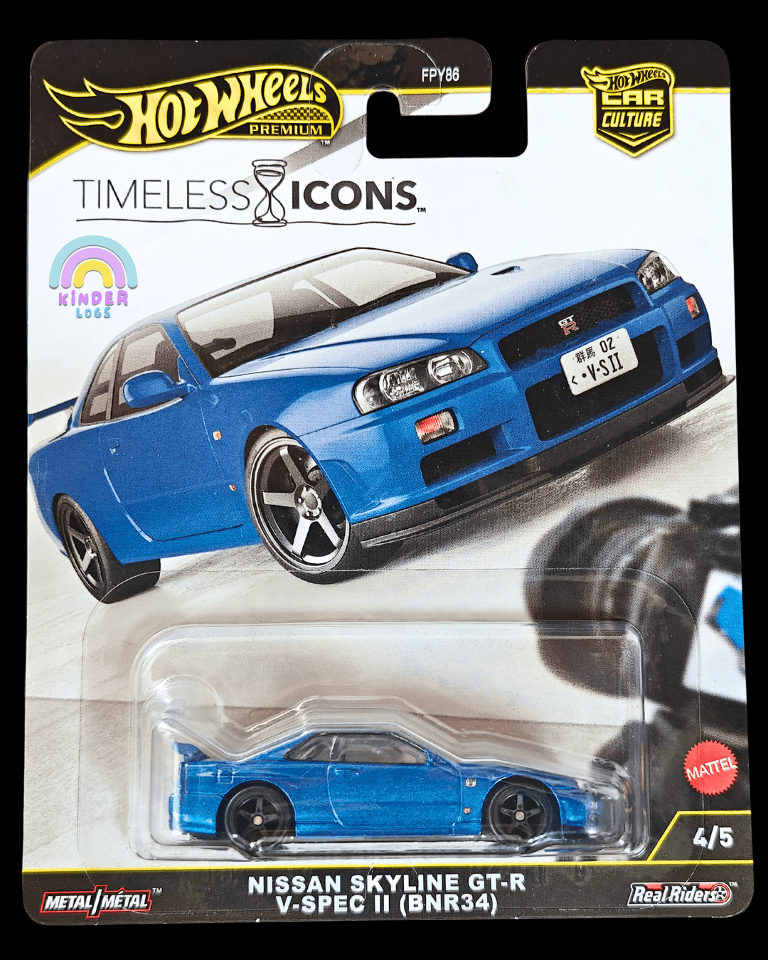 Premium Hot Wheels Nissan Skyline GT - R BNR34 V - Spec II - Blue - Timeless Icons (Imported) - Kinder Logs