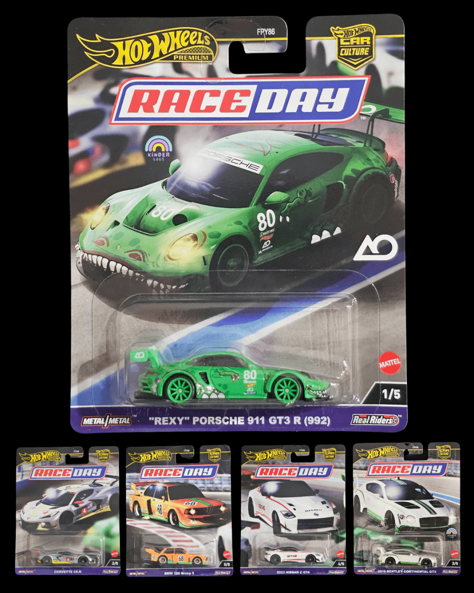 Premium Hot Wheels Race Day Set Featuring REXY Porsche 911 GT3 R - Kinder Logs