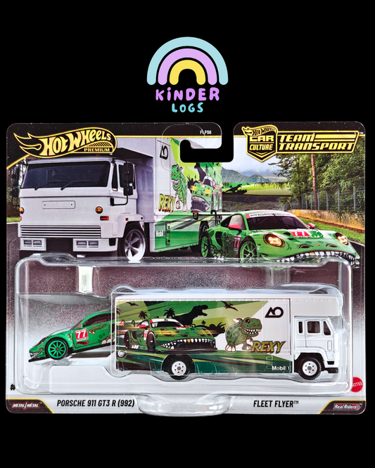 Premium Hot Wheels Rexy Team Transport - Porsche 911 GT3 R (992) & Fleet Flyer - Kinder Logs