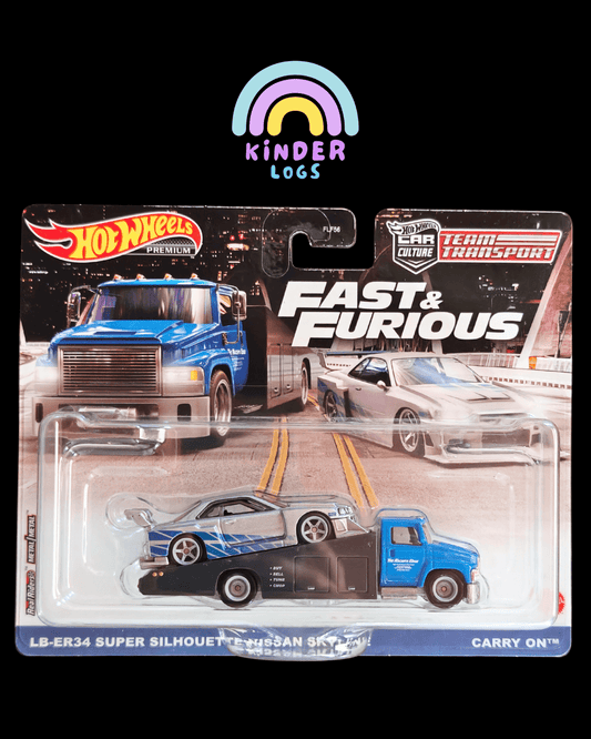 Premium Hot Wheels Team Transport - Fast & Furious Carry On, Nissan Skyline LB-ER34 Super Silhouette (Imported) - Kinder Logs