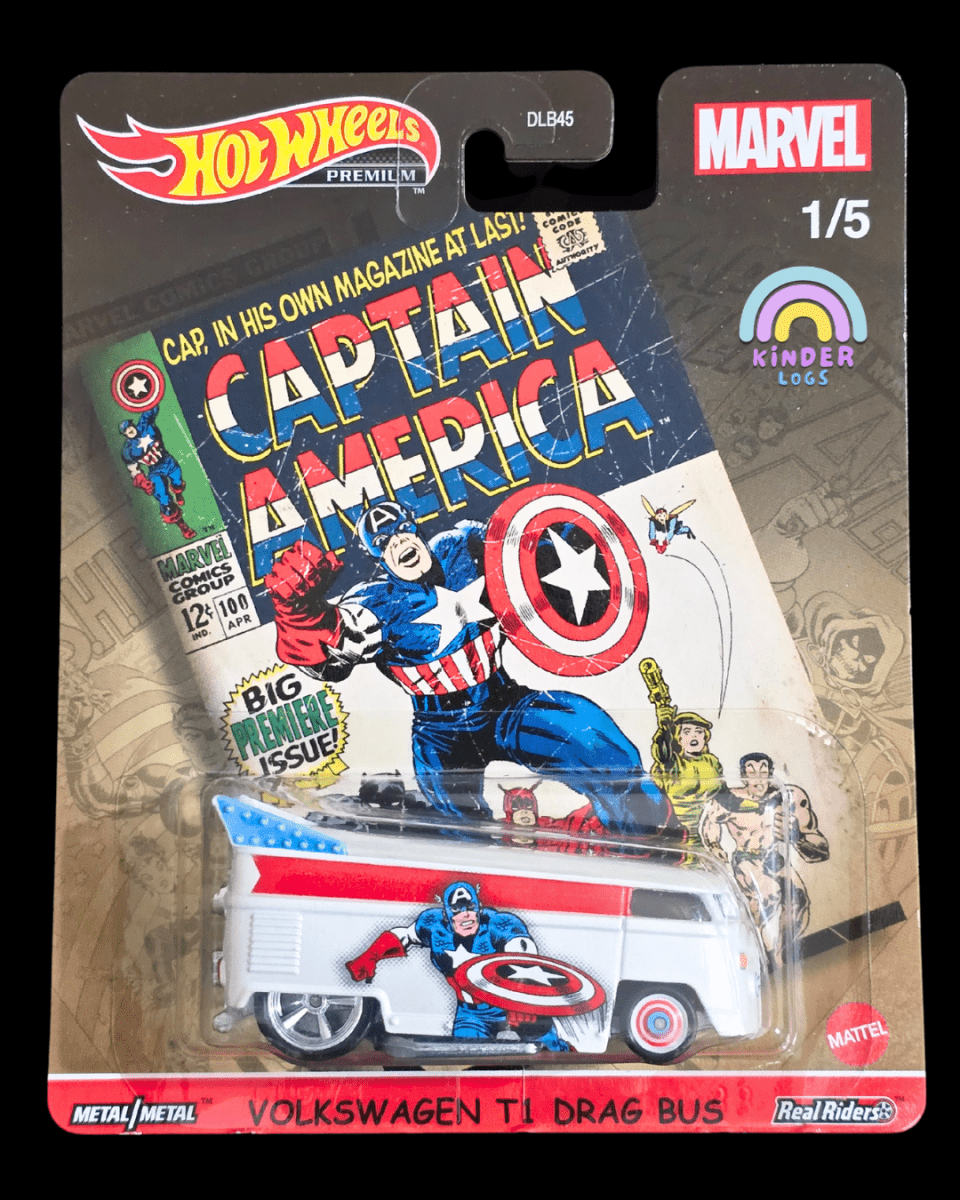 Premium Hot Wheels Volkswagen T1 Drag Bus - Captain America (Imported) - Kinder Logs