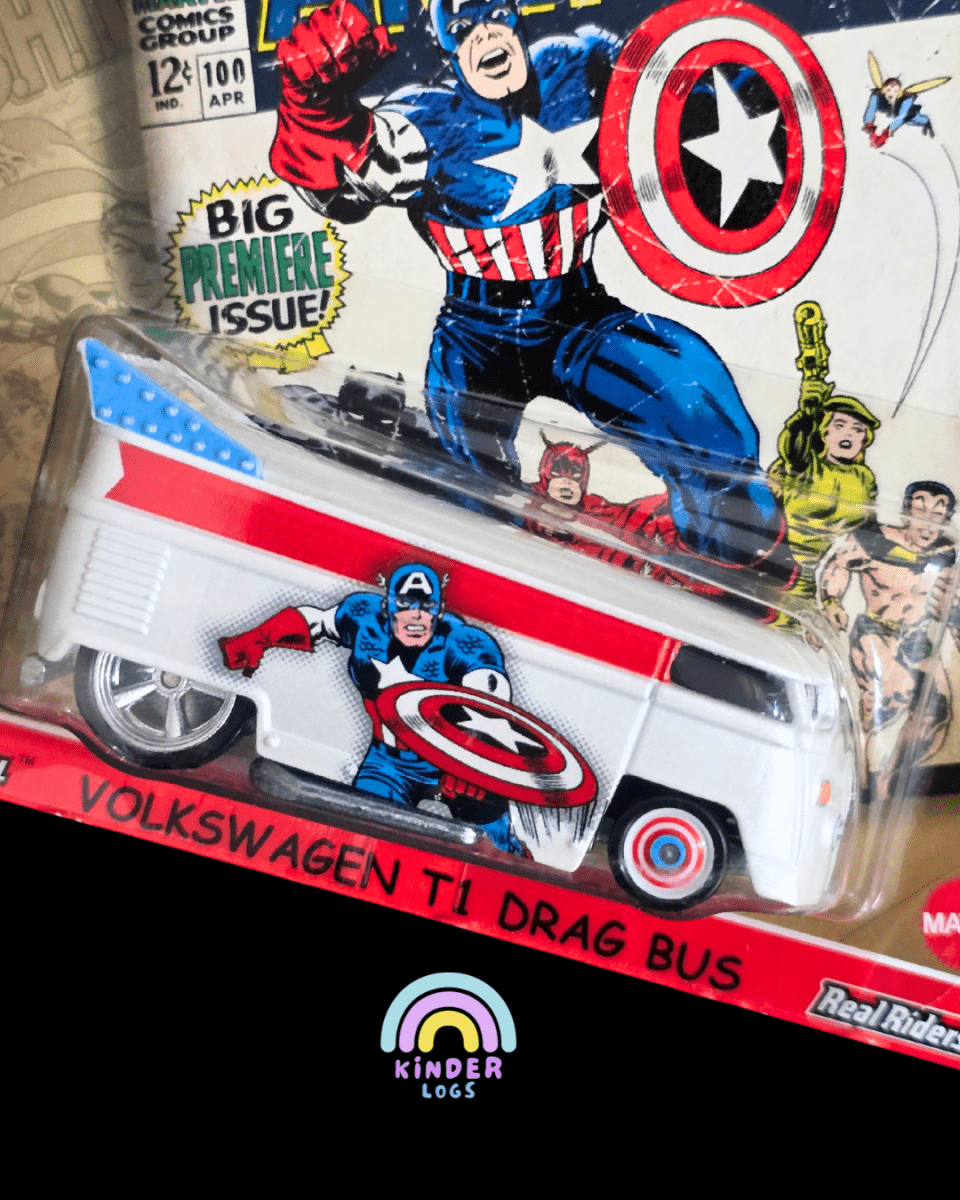 Premium Hot Wheels Volkswagen T1 Drag Bus - Captain America (Imported) - Kinder Logs