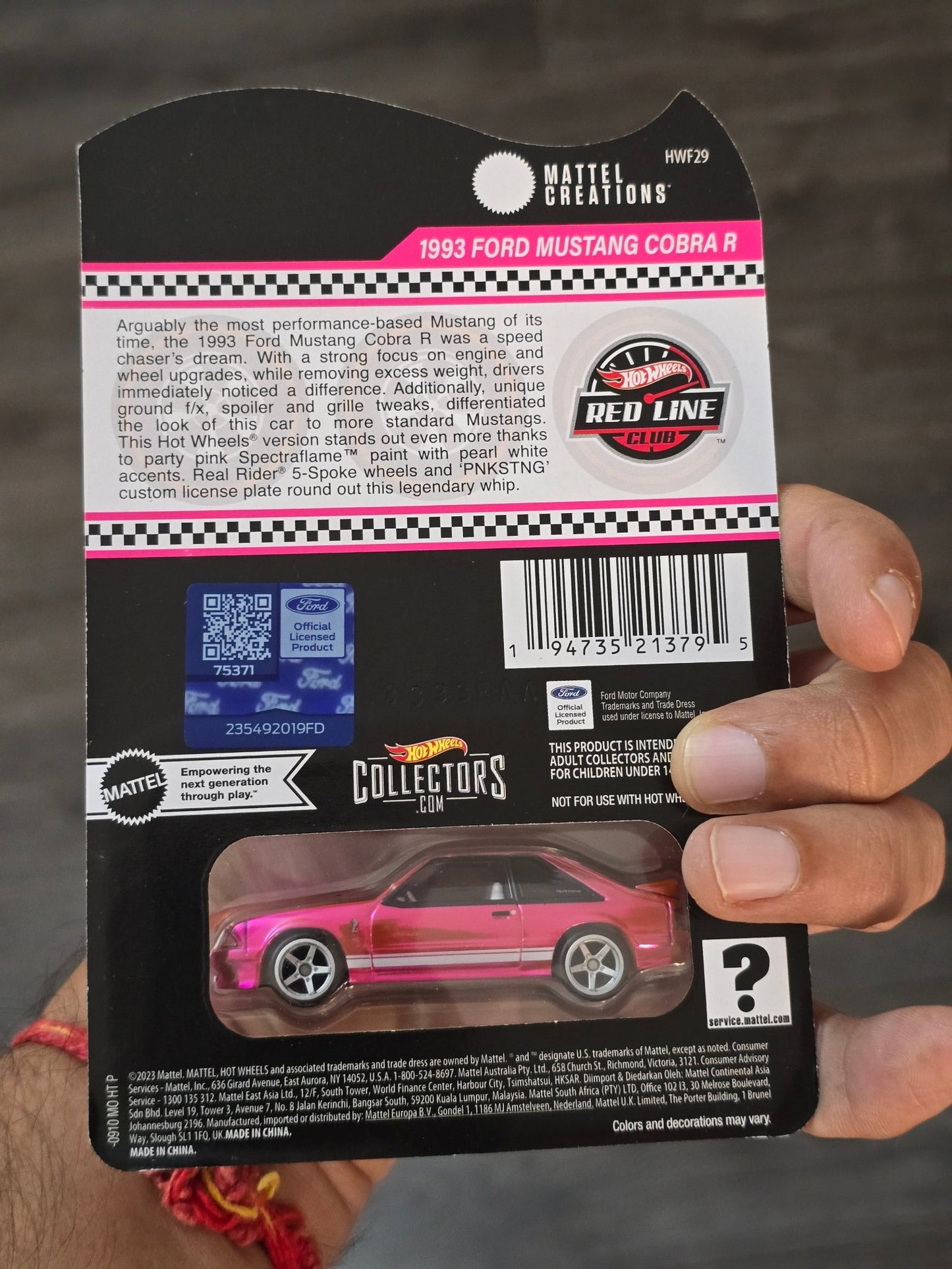 RLC Hot Wheels 1993 Ford Mustang Cobra R Pink Edition - Kinder Logs