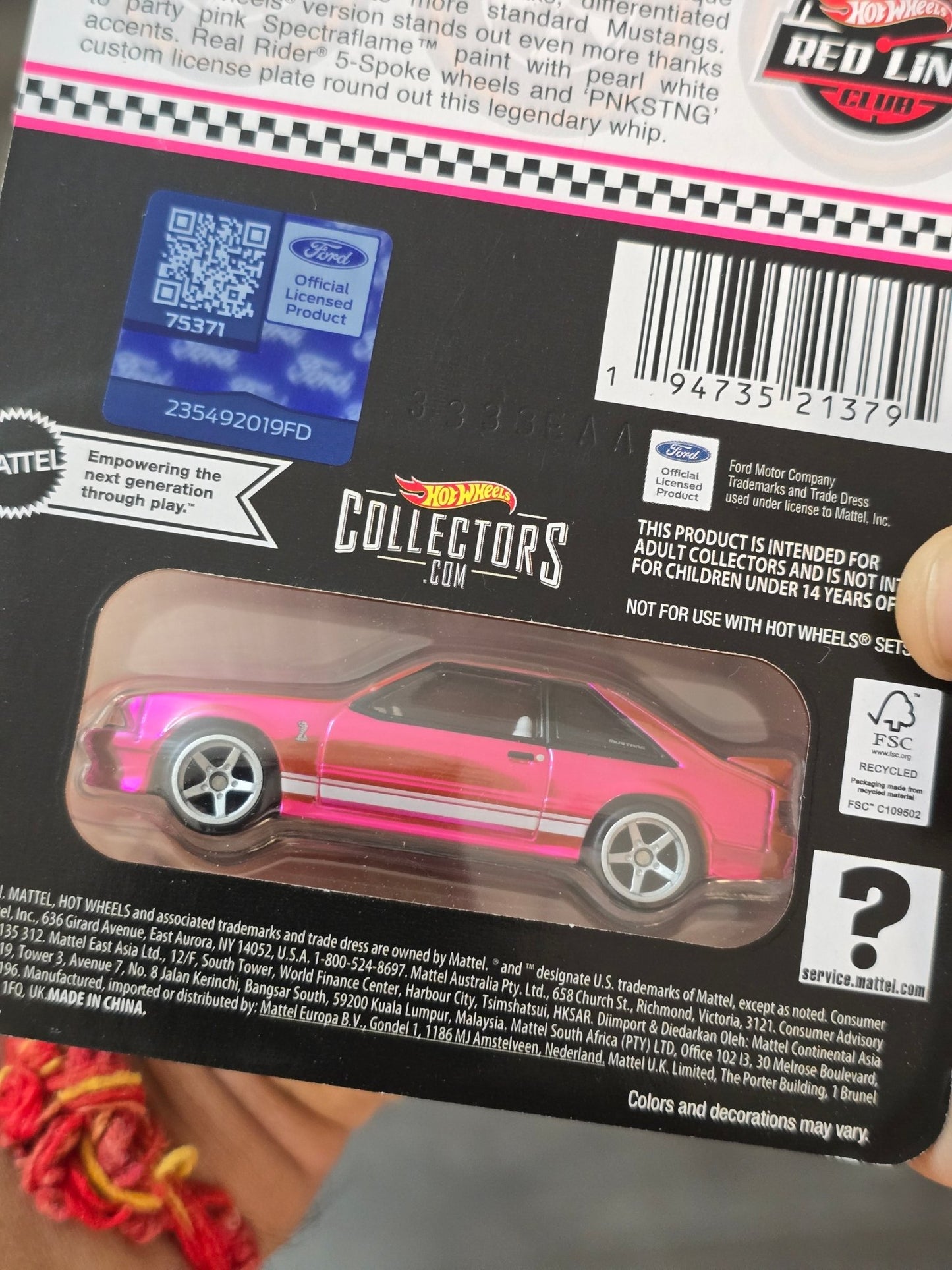 RLC Hot Wheels 1993 Ford Mustang Cobra R Pink Edition - Kinder Logs