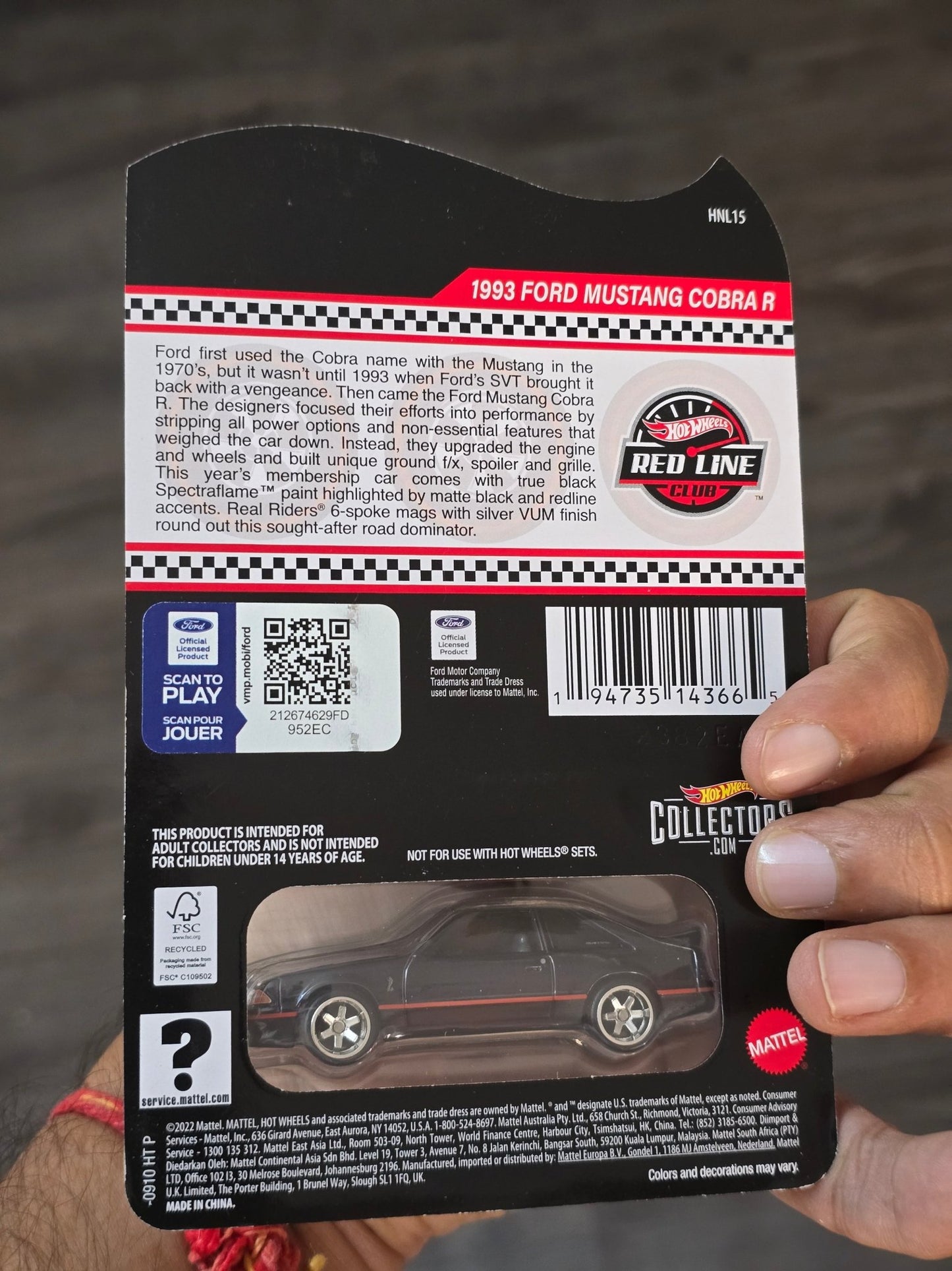 RLC Hot Wheels 1993 Ford Mustang Cobra R (Spectraflame Black) - Kinder Logs