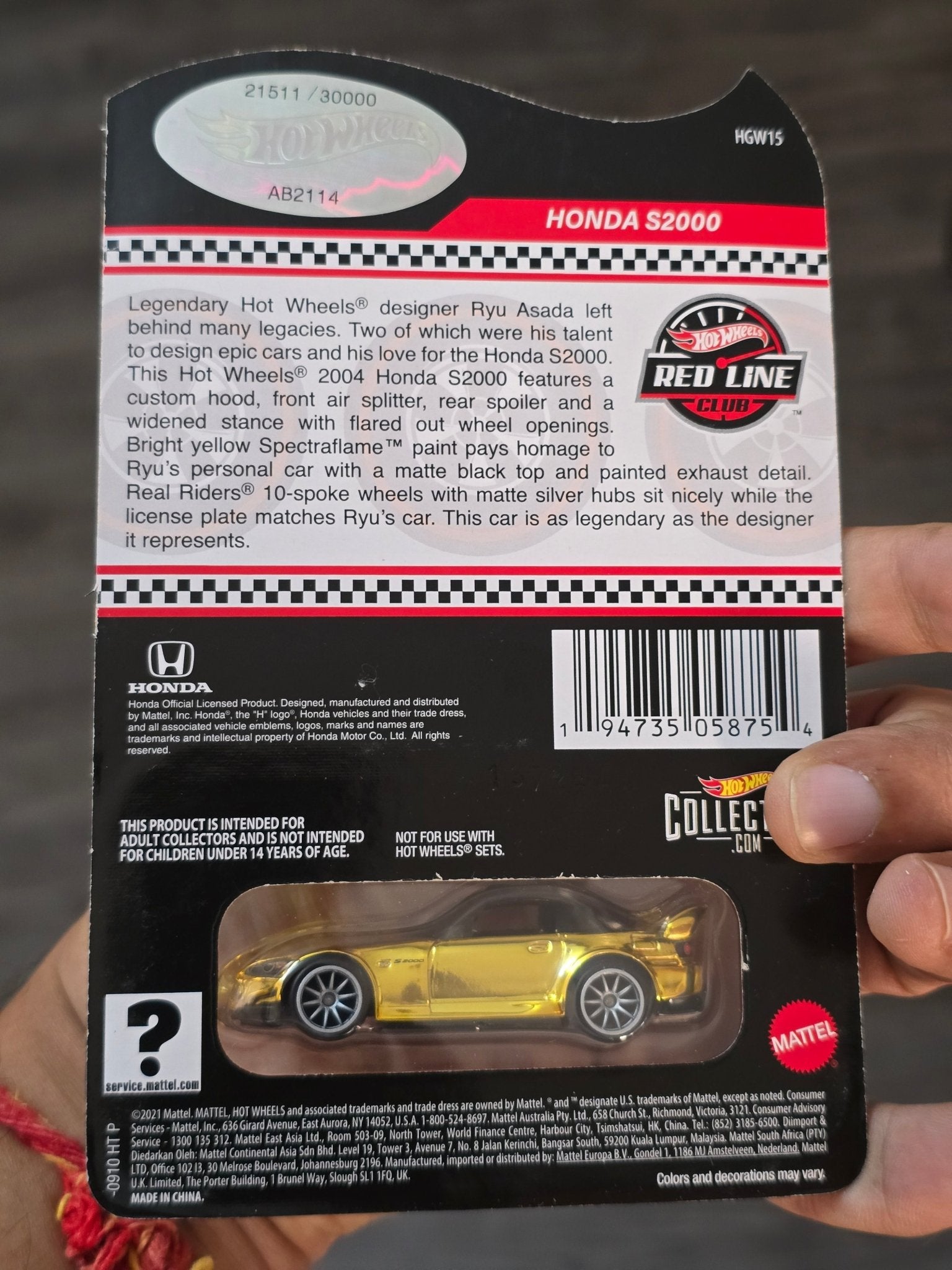 RLC Hot Wheels Honda S2000 - Ryu Asada Tribute (Gold) - Kinder Logs