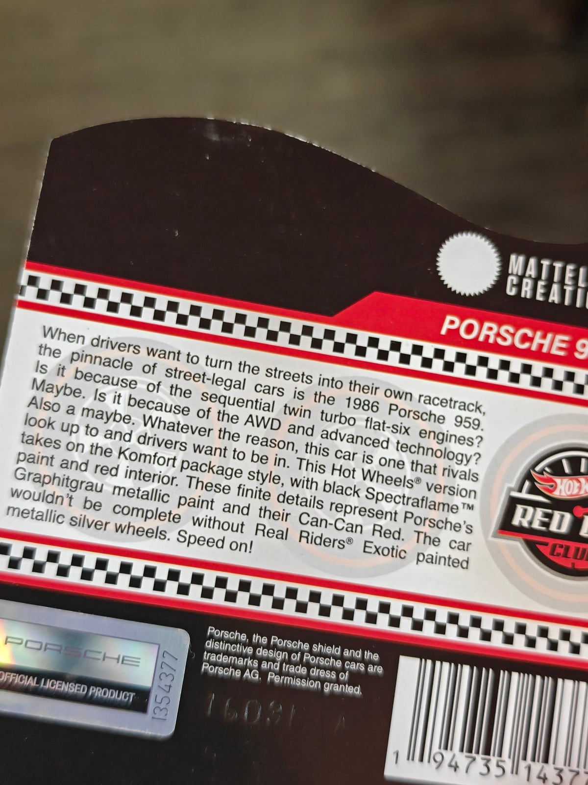 RLC Hot Wheels Porsche 959 - Creased Card (Black) - Kinder Logs