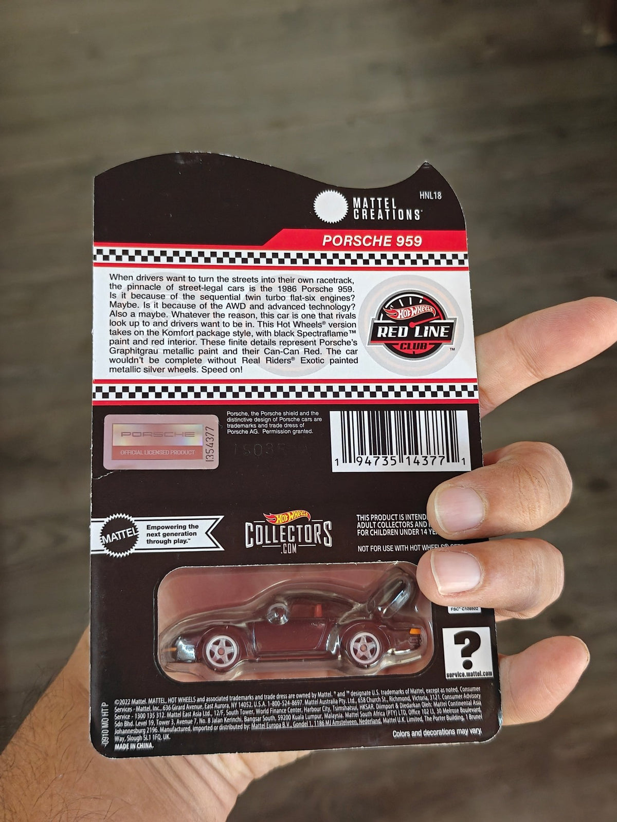 RLC Hot Wheels Porsche 959 - Creased Card (Black) - Kinder Logs