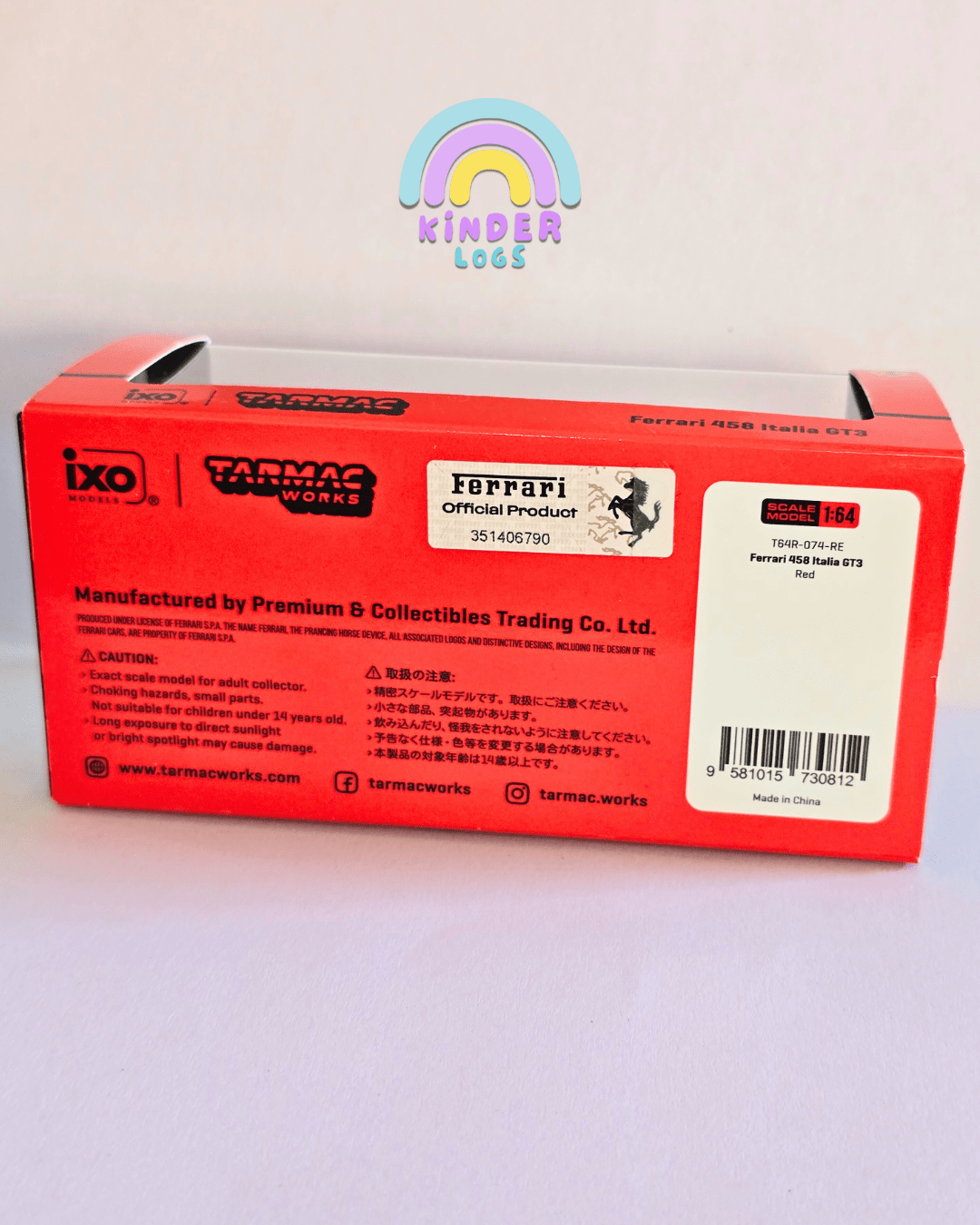 Tarmac Works Ferrari 458 Italia GT3 - Red (Open Box) - Kinder Logs